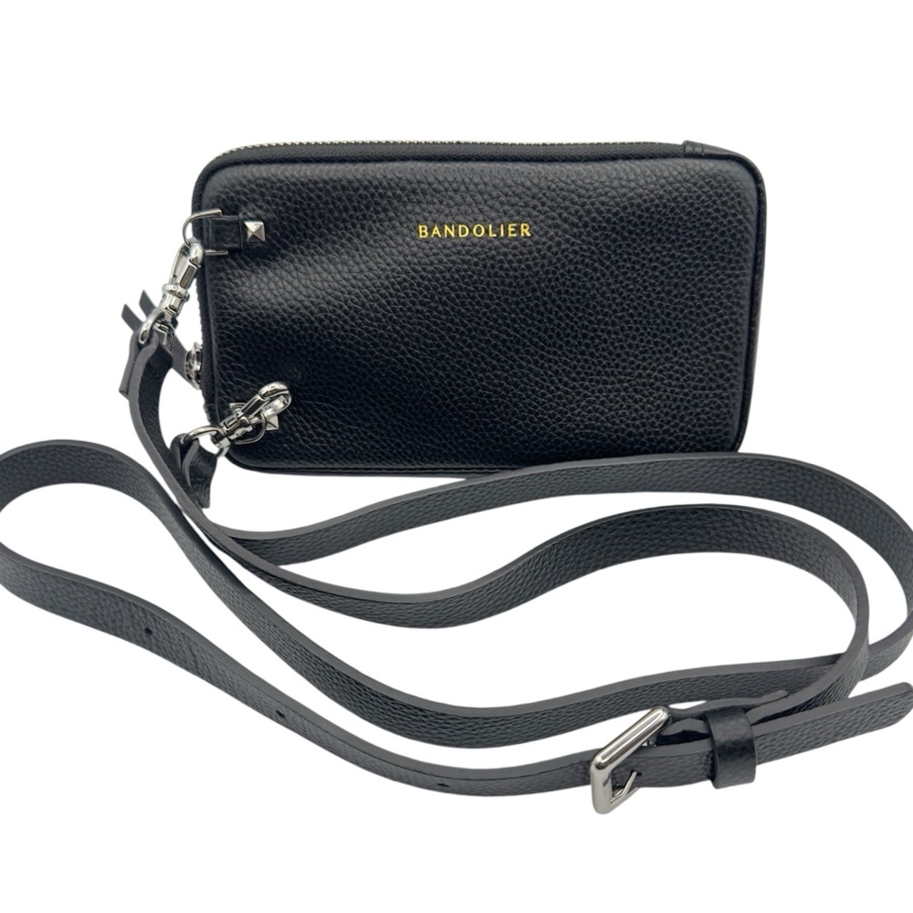 Bandolier Black Pebble Leather Expandable Pouch Crossbody Bag with Strap